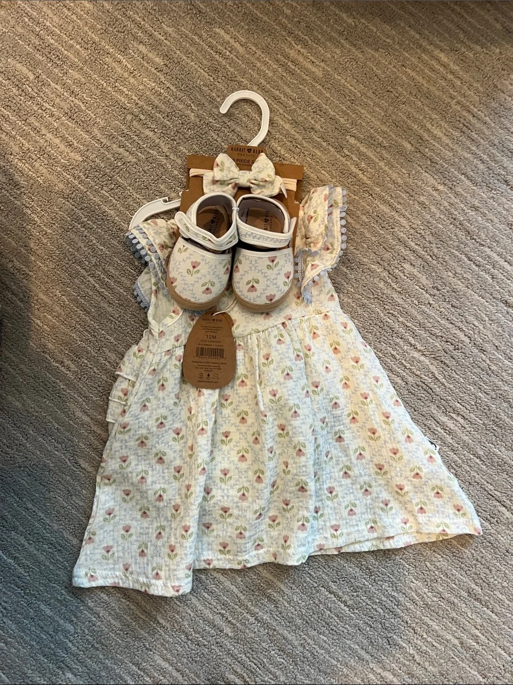 NWT Girls Floral White Dress and Matching White Baby Shoes 12m